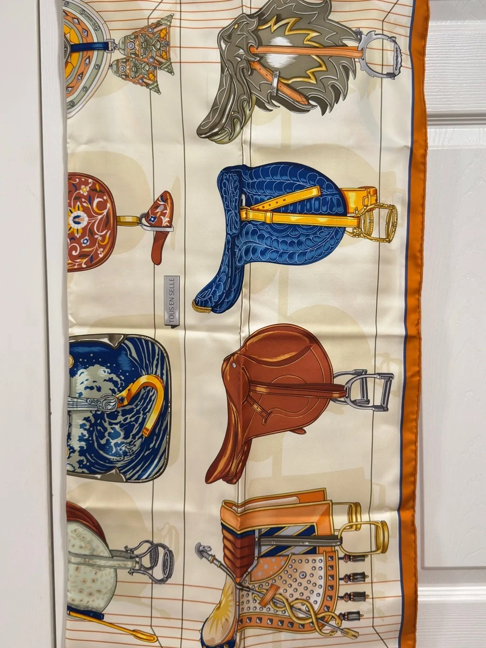 Hermes 90cm Tous En Selle - Cream & Orange Scarf